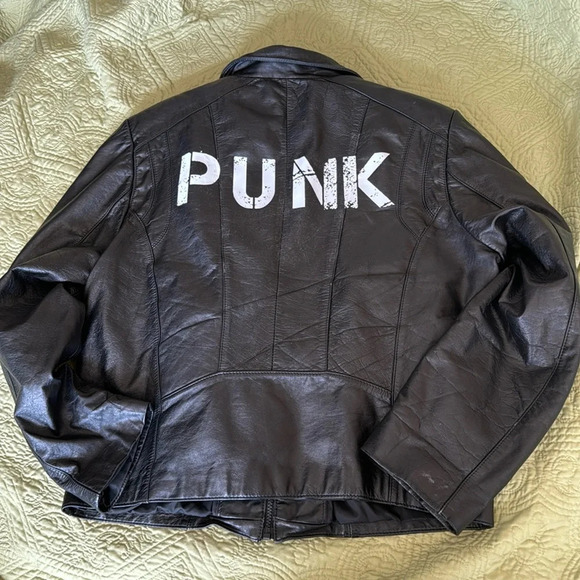 Wilsons Leather Jackets & Blazers - Custom upcycled Vintage black genuine leather motorcycle jacket w/ PUNK on back